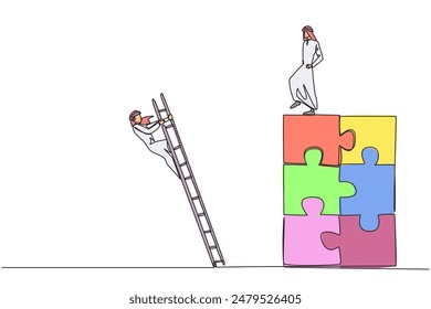 Continuous one line drawing Arab businessman kicks opponent who climbs the puzzle with stairs. Betrayed by colleague when successfully resolving a problem. Single line draw design vector illustration