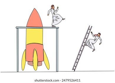 Continuous one line drawing Arab businessman kicks opponent who climbs the rocket with ladder. Failure to open new business. Cheated by colleague. Traitor. Single line draw design vector illustration