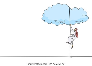 Continuous one line drawing Arab businessman climbing clouds with rope. A metaphor for hanging dreams sky high. Ultimate success. Hard worker. Work smarter. Single line draw design vector illustration