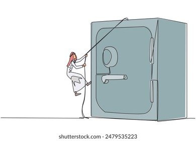 Continuo una línea que dibuja al empresario árabe sube la caja de seguridad con la cuerda. Ayuda a proteger datos importantes de la empresa. Almacenado en un lugar seguro y de confianza. Ilustración vectorial de diseño de dibujo de una sola línea