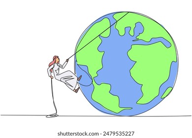 Continuous one line drawing Arab businessman climbs globe with rope. Trying dominate world with massive business expansion. Success reach top of the world. Single line draw design vector illustration