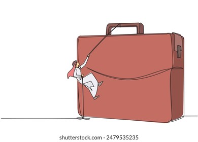 Continuous one line drawing Arab businessman climbs briefcase with rope. Metaphor for building business from scratch. Growing and having many relationships. Single line draw design vector illustration