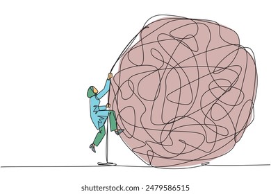 Continuous one line drawing Arab businesswoman climbs heavy mess circle with rope. Trying to lay anxiety at feet for clarity of thought. Smart work hard. Single line draw design vector illustration
