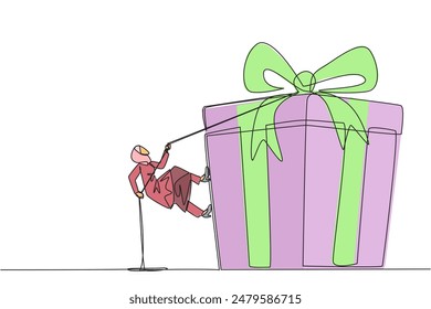 Continuous one line drawing Arab businesswoman climbs gift box with rope. Struggle persistently to achieve desired reward. Hard work. Sincere work. Smart. Single line draw design vector illustration