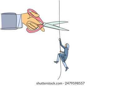 Una línea continua que dibuja a la empresaria árabe sube la cuerda. Metáfora de la lucha por hacer avanzar los negocios. El negocio no se desarrolló. Saboteado por un colega. Ilustración vectorial de diseño de dibujo de una sola línea