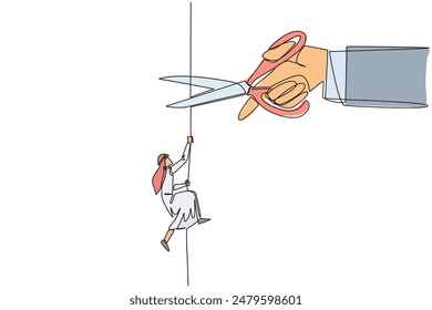 Continuous one line drawing Arab businessman climbs rope. Metaphor of struggling to advance business. Business failed to develop. Sabotaged by colleague. Single line draw design vector illustration
