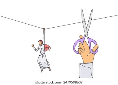 Continuous one line drawing Arab businessman hanging from rope. Big hand want to cut the rope. Maintaining a nearly useless business. Thwarted by traitors. Single line draw design vector illustration