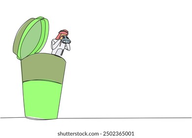 Continuous one line drawing Arab businessman appears out of a paper cup looking for something through binoculars. Waiting for colleague while buying coffee. Single line draw design vector illustration