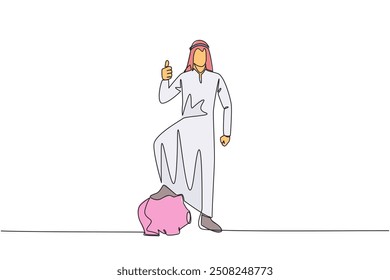 Continua una línea dibujando a un hombre de negocios árabe con los pulgares hacia arriba y pasos en la hucha. Invitación a hacer inversiones. Para una vida cómoda en la jubilación. Ilustración vectorial de diseño de dibujo de línea única