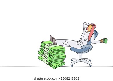 Continuous one line drawing Arab businessman sitting relaxed in a work chair. Foot resting on stacks of banknotes. Dreams of success come true. Marvelous. Single line draw design vector illustration