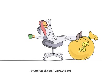 Línea continua que dibuja al hombre de negocios árabe que se sienta relajado en una silla del trabajo mientras que sostiene una taza. Pie que descansa en la bolsa de dinero. Trabaje de forma inteligente para obtener los máximos beneficios. Ilustración vectorial de diseño de dibujo de línea única