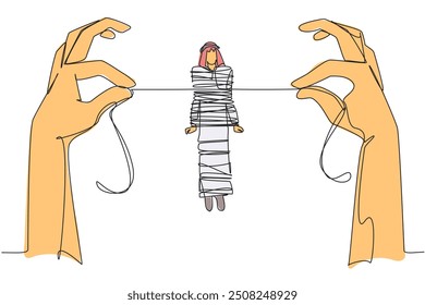 Continuous one line drawing Arab businessman standing and tied by rope held by 2 giant hands. Captured by criminals. Demanding ransom. Helpless. Detained. Single line draw design vector illustration