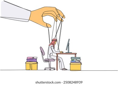 Continuous one line drawing Arab businessman typing on laptop, hand moved by ropes. Puppeteer arranges the puppets. Working behind the scenes. Obedience. Single line draw design vector illustration