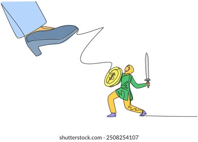 Continuous one line drawing Arab businesswoman tries to ward off giant foot wants to step on her. Fierce battle to get potential big clients. Struggle. Single line draw design vector illustration