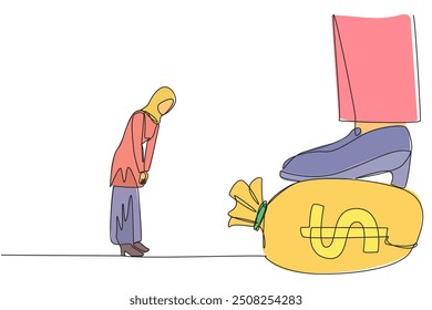 Continuous one line drawing Arab businesswoman nodded in front of the giant foot stepping on money bag. Deal that makes it difficult to make big profits. Single line draw design vector illustration