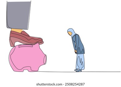 Continuous one line drawing Arab businesswoman nodded in front of giant foot that stepped on piggy bank. Request to release assets as additional capital. Single line draw design vector illustration