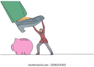 Continuous one line drawing Arab businesswoman holds back giant foot wants to step on piggy bank. Arbitrarily. Sovereigns wants to take investment value. Single line draw design vector illustration