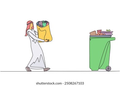 Continuous one line drawing Arab man walked carrying a trash bag in both hands towards trash can. Care about cleanliness. Environmental care. For health. Single line draw design vector illustration