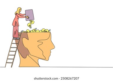 Continuous one line drawing Arab businesswoman climb to the large, open head with stairs. Throw away the lightbulb. Putting down the best solution. Profit. Single line draw design vector illustration