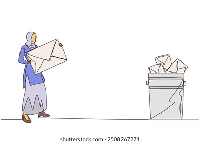 Continuous one line drawing Arab businesswoman throw the large envelope in trash. Delete digital data that is considered unimportant. Prone to data theft. Single line draw design vector illustration