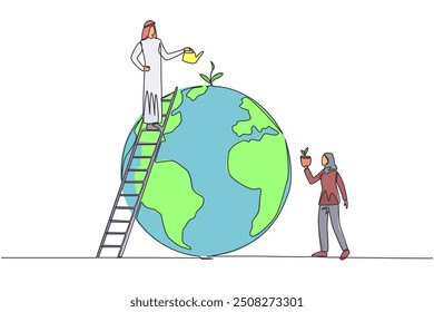 Continuous one line drawing Arab man and woman work together to green the earth. Plant as many trees as possible. Reduce excess pollution. Protect earth. Single line draw design vector illustration