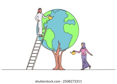Kontinuierlich eine Linie Zeichnung arabischen Mann klettert eine Leiter, die einen Baum, dessen Blätter einen Globus bilden bewässert. Einladung zum Pflanzen von Bäumen. Erhaltung der Natur. Rettet den Planeten. Vektorgrafik mit einfarbiger Zeichnung