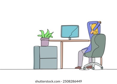 Continuous one line drawing Arab woman sitting in a work chair warming up hands above her head. Stretch watching streaming video. Stay active even if busy. Single line draw design vector illustration