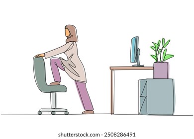 Continuous one line drawing Arab woman stands while lifting one of her legs onto a chair. Stretching. Avoid leg cramps. Exercise at the office. Overtime. Single line draw design vector illustration