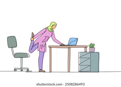 Dibujo continuo de una línea de mujer árabe de pie con una pierna levantada y su mano escribiendo en una computadora portátil. Tómese el tiempo para estirar las piernas en medio de un trabajo ocupado. Ilustración vectorial de diseño de dibujo de línea única