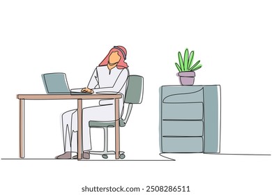 Continuous one line drawing Arab man sitting in work chair typing on a laptop with his head tilted. Stretching. Eliminates stiff neck due to being too busy. Single line draw design vector illustration