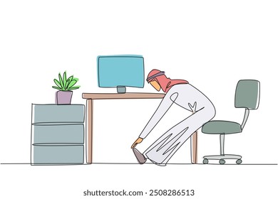 Continuous one line drawing Arab man sits in work chair with legs straightened, hands hold legs. Stretching. Avoid minor injuries due to sitting too long. Single line draw design vector illustration