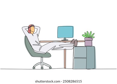 Continuous one line drawing Arab man sits in work chair with his hands behind head and his legs raised on work desk. Relax. Ready to meet the next deadline. Single line draw design vector illustration
