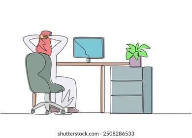 Continuo una línea dibujando hombre árabe sentado en silla con las manos sosteniendo la parte posterior de la cabeza. Fuera de la cámara. Estire el cuello durante las reuniones en línea. Escucha en serio. Ilustración vectorial de diseño de dibujo de línea única