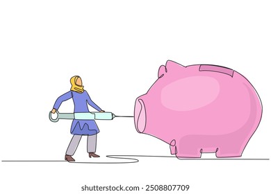 Continuous one line drawing Arab businesswoman holding big syringe and wants to inject it into a big piggy bank. Stimulus. Business enthusiasm. Additional. Single line draw design vector illustration