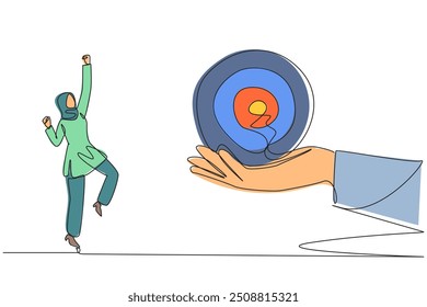 Continuous one line drawing Arab businesswoman excited to get the arrow target board from a giant hand. Focus and complete multiple targets. Achievement. Single line draw design vector illustration
