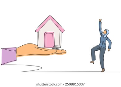 Continuous one line drawing Arab businesswoman excited to get miniature house from giant hand. Challenges need to be better. Investment as well as property. Single line draw design vector illustration