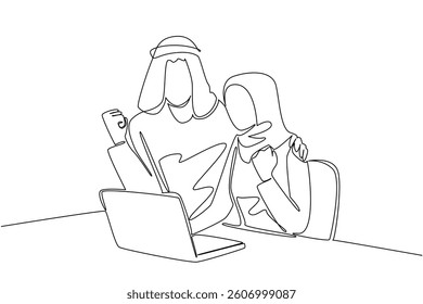 Continuous one line drawing an arab woman sitting on a chair looking at a laptop. The happy feeling of winning a quiz online. An impression gift. Surprise. Single line draw design vector illustration