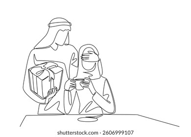 Continuous one line drawing an arab man standing behind an arab woman who is sitting enjoying coffee. Special surprise in the morning. Spouse. Surprise. Single line draw design vector illustration