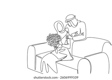 Continuous one line drawing an arab woman sitting on a sofa holding bouquet of flowers as a gift from her beloved husband. Happiness in marriage. Surprise. Single line draw design vector illustration