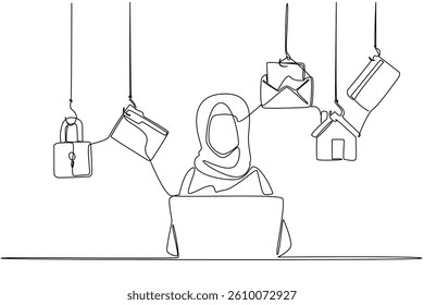 Continuous one line drawing an arab woman typing on a laptop and 5 important icons. Using combination passwords. Safe. National Senior Fraud Awareness Day. Single line draw design vector illustration