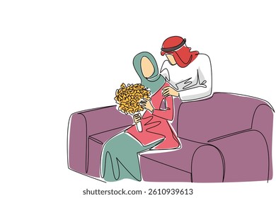Continuous one line drawing an arab woman sitting on a sofa holding bouquet of flowers as a gift from her beloved husband. Happiness in marriage. Surprise. Single line draw design vector illustration