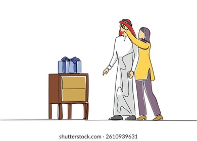 Continuous one line drawing an arab woman standing behind an arab man covering his eyes. A marriage that will always be happy. A happy surprise. Surprise. Single line draw design vector illustration