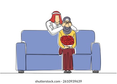 Continuous one line drawing an arab woman sitting on the sofa holding bouquet of flowers. Covering the eyes makes the curious. Perfect happiness. Surprise. Single line draw design vector illustration