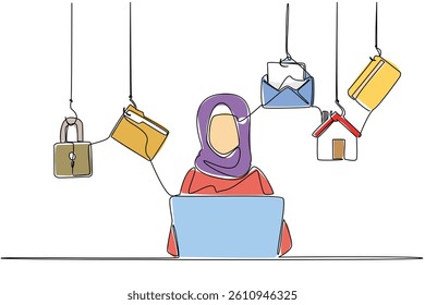 Continuous one line drawing an arab woman typing on a laptop and 5 important icons. Using combination passwords. Safe. National Senior Fraud Awareness Day. Single line draw design vector illustration