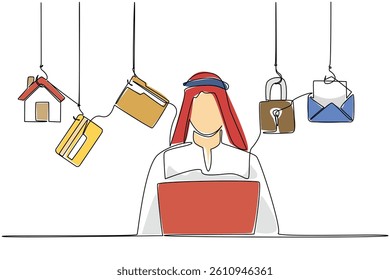 Continuous one line drawing an arab woman typing on a laptop and 5 important icons. Setting a different password. Safe. National Senior Fraud Awareness Day. Single line draw design vector illustration