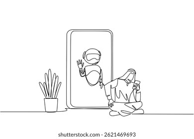 Continuous one line drawing Arab man sits cross legged holds smartphone and big smartphone with robot. Advanced tech. International Virtual Assistants Day. Single line draw design vector illustration