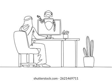 Continuous one line drawing Arab man sits facing monitor that comes out of robot on work desk. Ask AI ​​about bugs. International Virtual Assistants Day. Single line draw design vector illustration