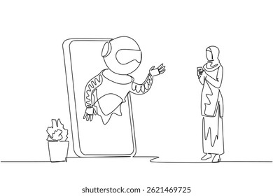 Continuous one line drawing Arab woman stands holds smartphone and robot comes out of big smartphone. Help from AI. International Virtual Assistants Day. Single line draw design vector illustration