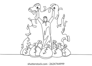 Continuous one line drawing Arab man standing on a pile of money bags while throwing banknotes. Smart investment. Become richer. Be a Millionaire Day. Single line draw design vector illustration