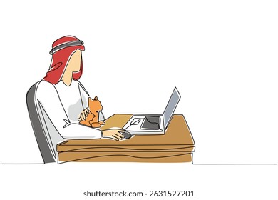 Continuous one line drawing an arab man sits on a chair typing on a laptop and hugging a cat. Lots of reports on deadline day. National Work From Home Day. Single line draw design vector illustration